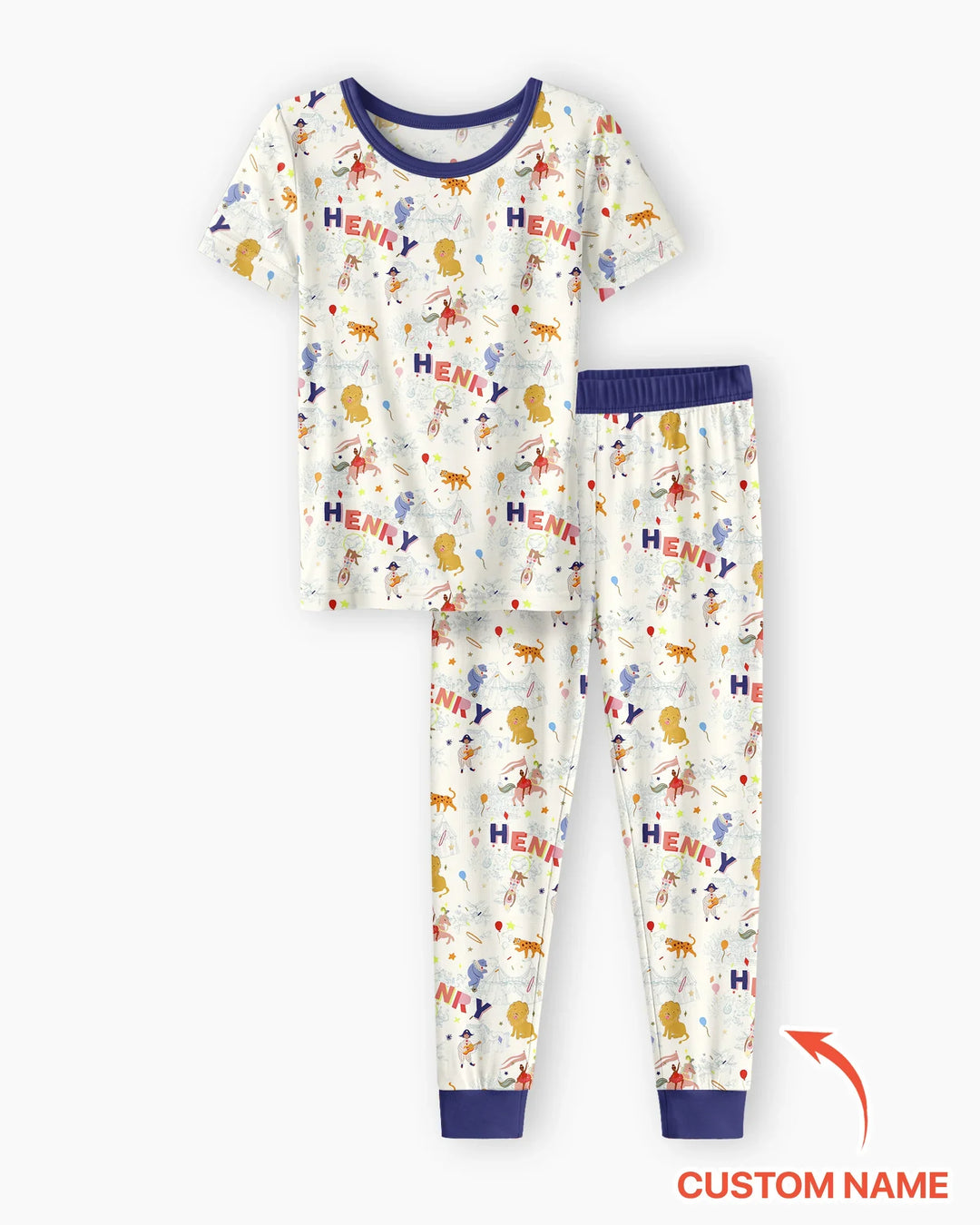 Custom Name Circus Toile Bamboo Two Piece Short Sleeve Pajama Set