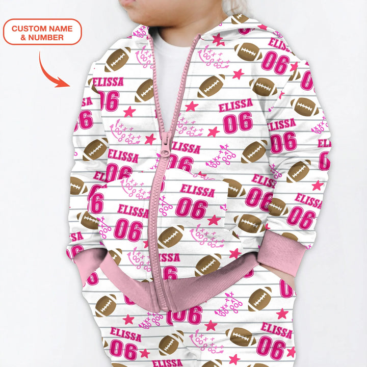 Custom Name Football Time Pink Bamboo Zip Hoodie