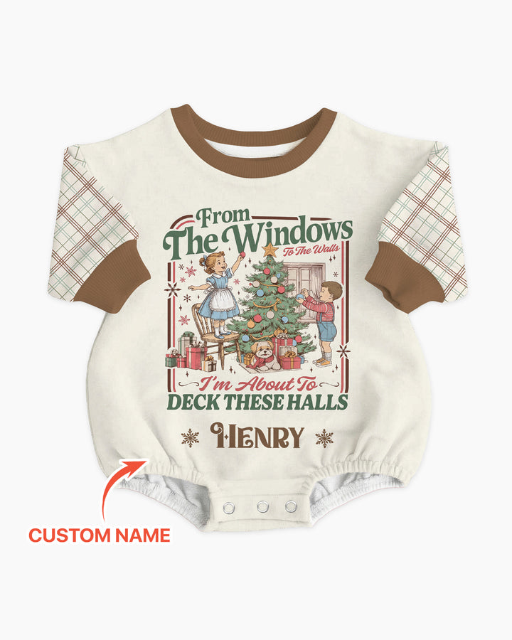 Custom Name Vintage Deck The Halls Bamboo Bubble Romper