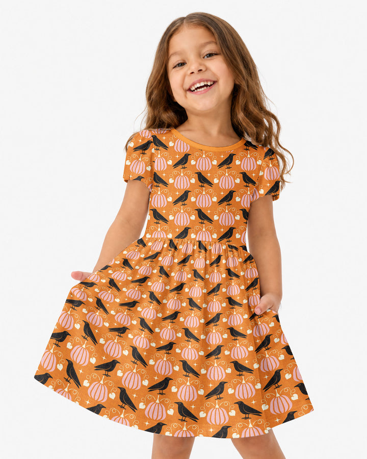 Ravens in a Pumpkin Patch - Orange Pink Bamboo Twirl Dress