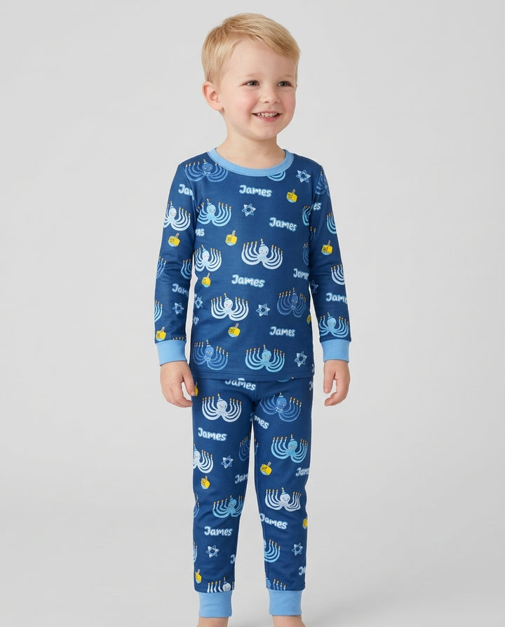 Hanukkah Jewish Octopus Bamboo Two Piece Long Sleeve Pajama Set