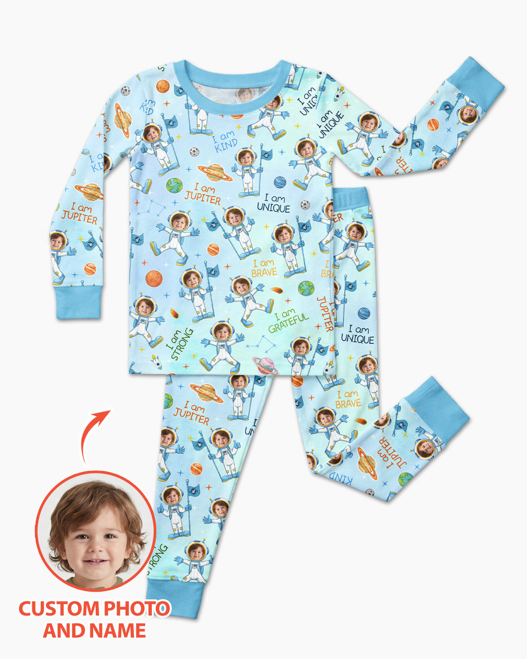 Custom Photo Kid Affirmations I Am Kind Astronaut Bamboo Two Piece Long Sleeve Pajama Set
