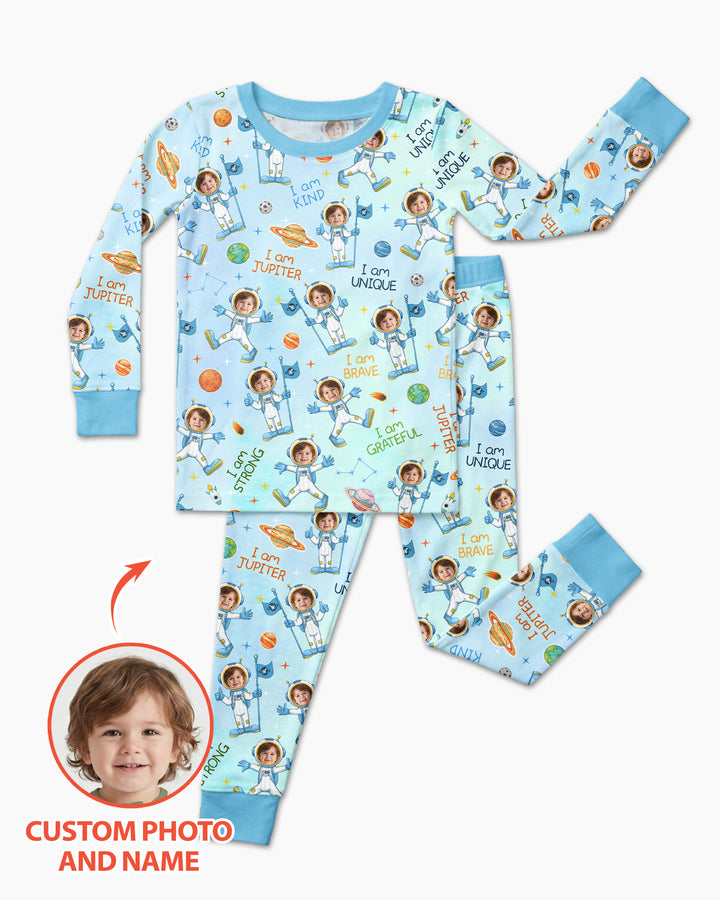 Custom Photo Kid Affirmations I Am Kind Astronaut Bamboo Two Piece Long Sleeve Pajama Set