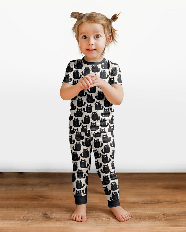 Moody Black Cats in Black and White Bamboo Two Piece Short Sleeve Pajama Set
