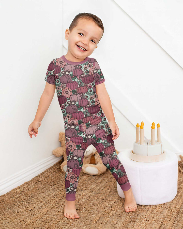 Retro Floral Pumpkin Patch Bamboo Two Piece Short Sleeve Pajama Set