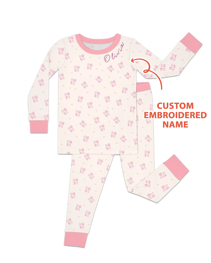 Custom Embroidered Name Big Sis Bamboo Two Piece Long Sleeve Pajama Set