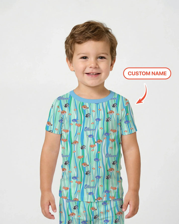 Custom Name Summer Beach Bamboo Two Piece Short Sleeve Pajama Set