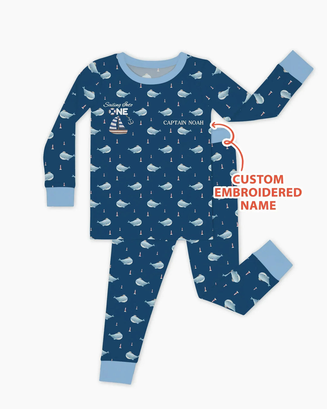 Custom Embroidered Name 1st Birthday Boy Bamboo Two Piece Long Sleeve Pajama Set
