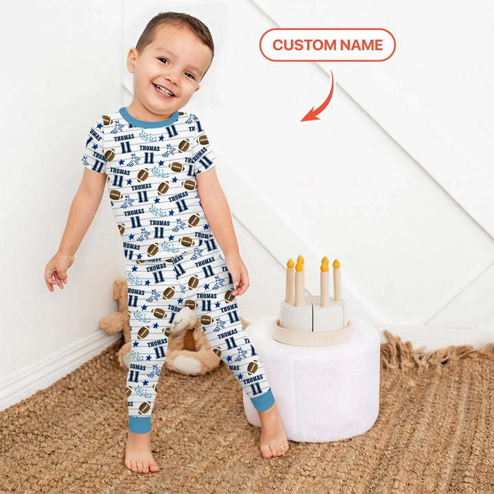 Custom Name Football Time Bamboo Two Piece Short Sleeve Pajama Set