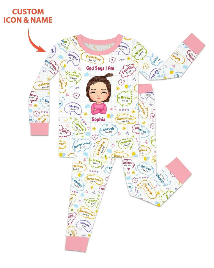 Personalized God Says I Am- Baby Girl Bamboo Two Piece Long Sleeve Pajama Set