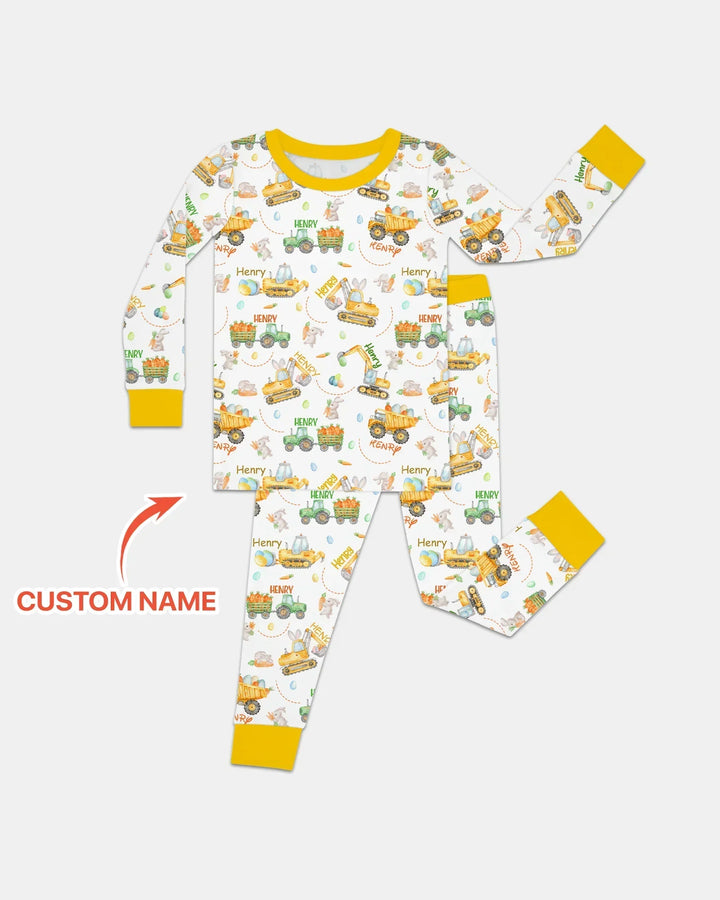 Easter Construction Vehicles Custom Name Bamboo Two Piece Long Sleeve Pajama Set