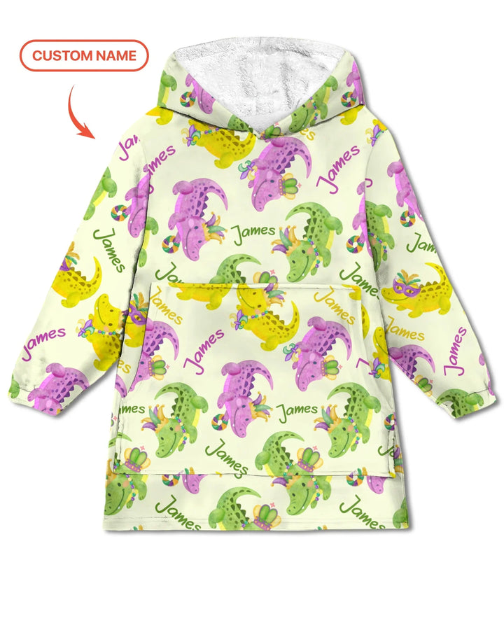 Custom Name Mardi Gras Alligator Wearable Bamboo Blanket Hoodie