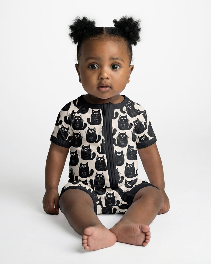 Moody Black Cats in Black and White Bamboo Shorty Zippy