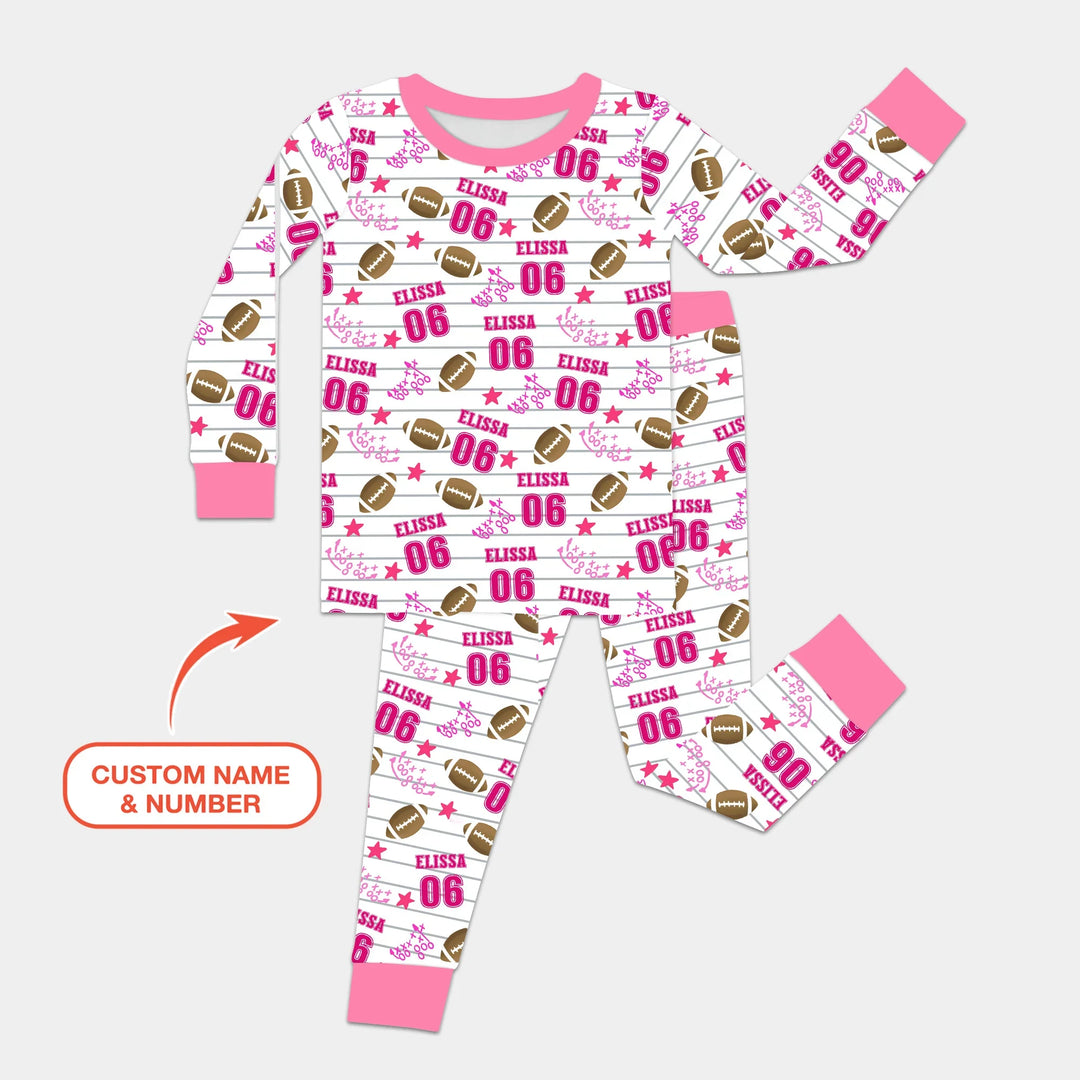 Custom Name Football Time Pink Bamboo Two Piece Long Sleeve Pajama Set