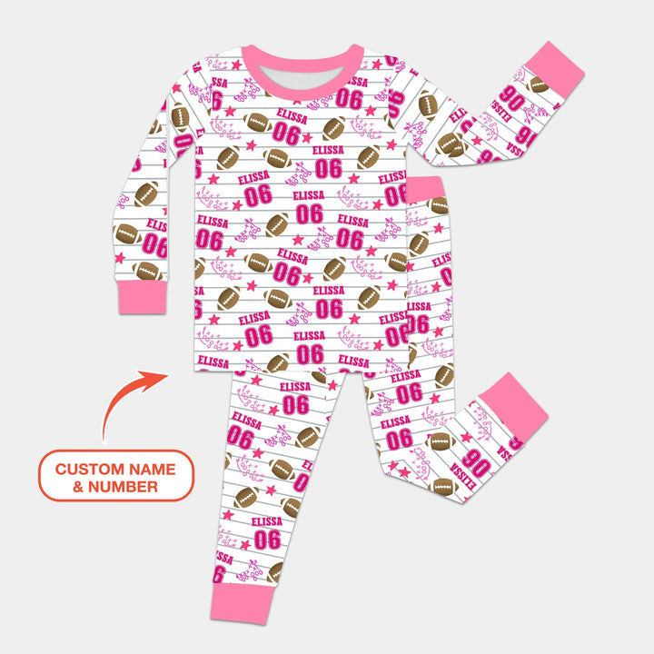 Custom Name Football Time Pink Bamboo Two Piece Long Sleeve Pajama Set
