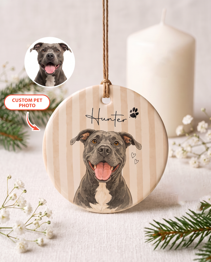 Custom Watercolor Pet Photo Christmas Stripe Ceramic Ornament