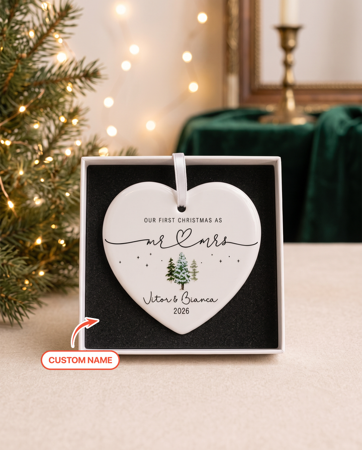Custom Name First Christmas Mr & Mrs Heart-shaped Ceramic Ornament