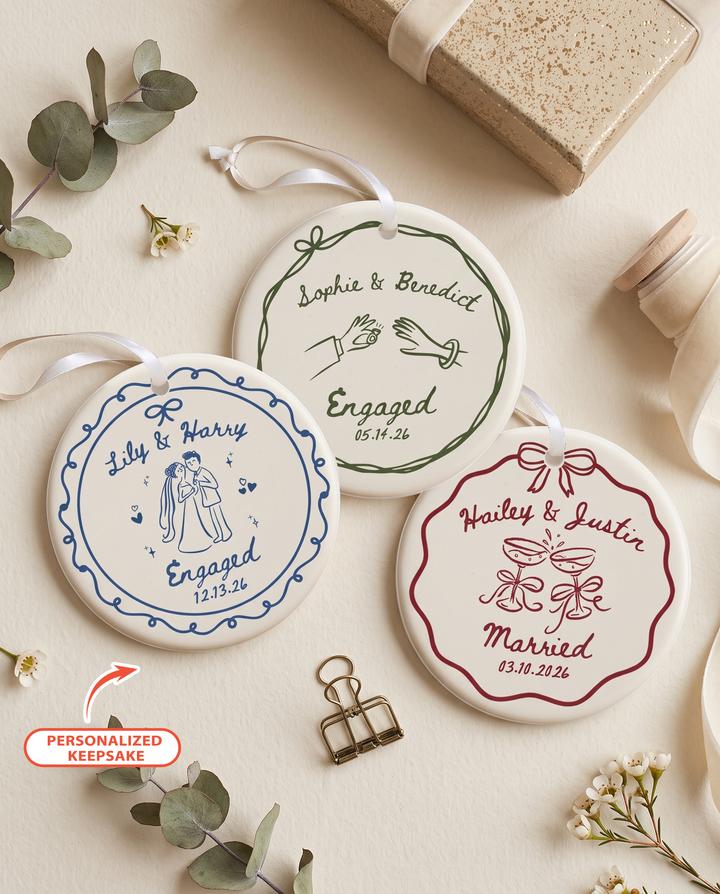 Personalized Whimsical Engagement Ceramic Ornament