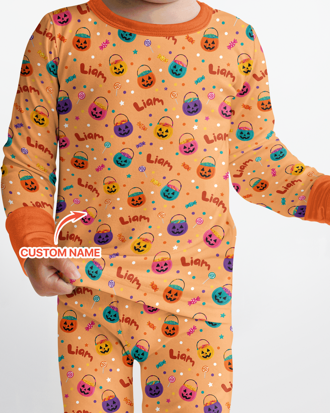 Custom Colorful Trick Or Treat Halloween Candy Bag Bamboo Two Piece Long Sleeve Pajama Set