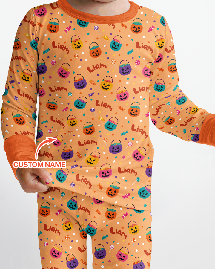 Custom Colorful Trick Or Treat Halloween Candy Bag Bamboo Two Piece Long Sleeve Pajama Set