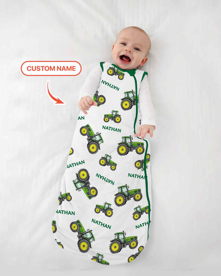 Custom Name Green Tractors Matching Daddy & Me  Bamboo Sleep Bag