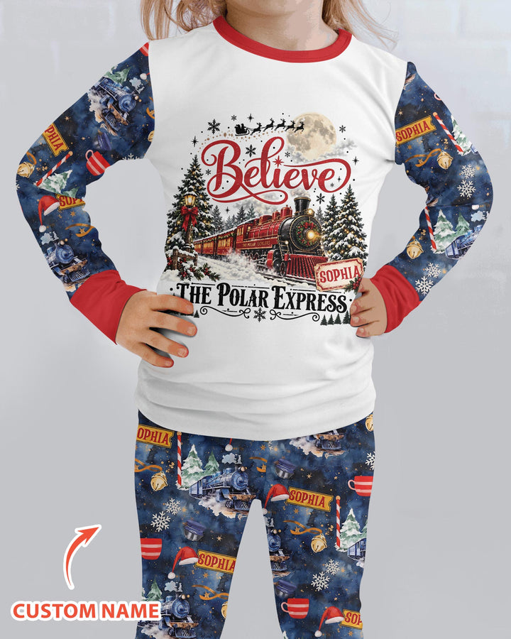 Believe North Pole Train Custom Name  Bamboo Two Piece Long Sleeve Pajama Set