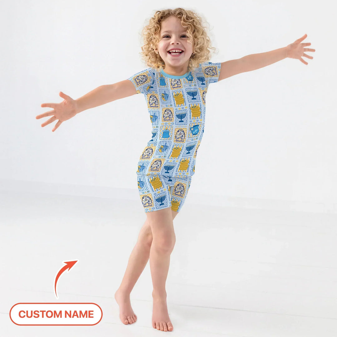 Custom Name Hanukkah Wonderland Bamboo Two Piece Short Sleeve Shorts Pajama Set