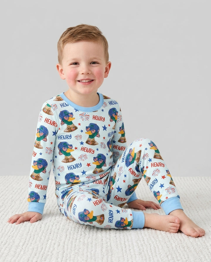 Custom Name Patriotic Mallard Duck Bamboo Two Piece Long Sleeve Pajama Set