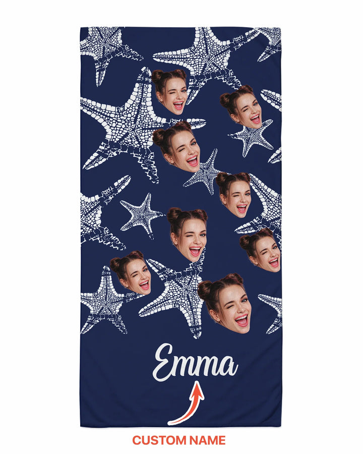 Custom Photo Starfish With Names Bamboo Beach Towel