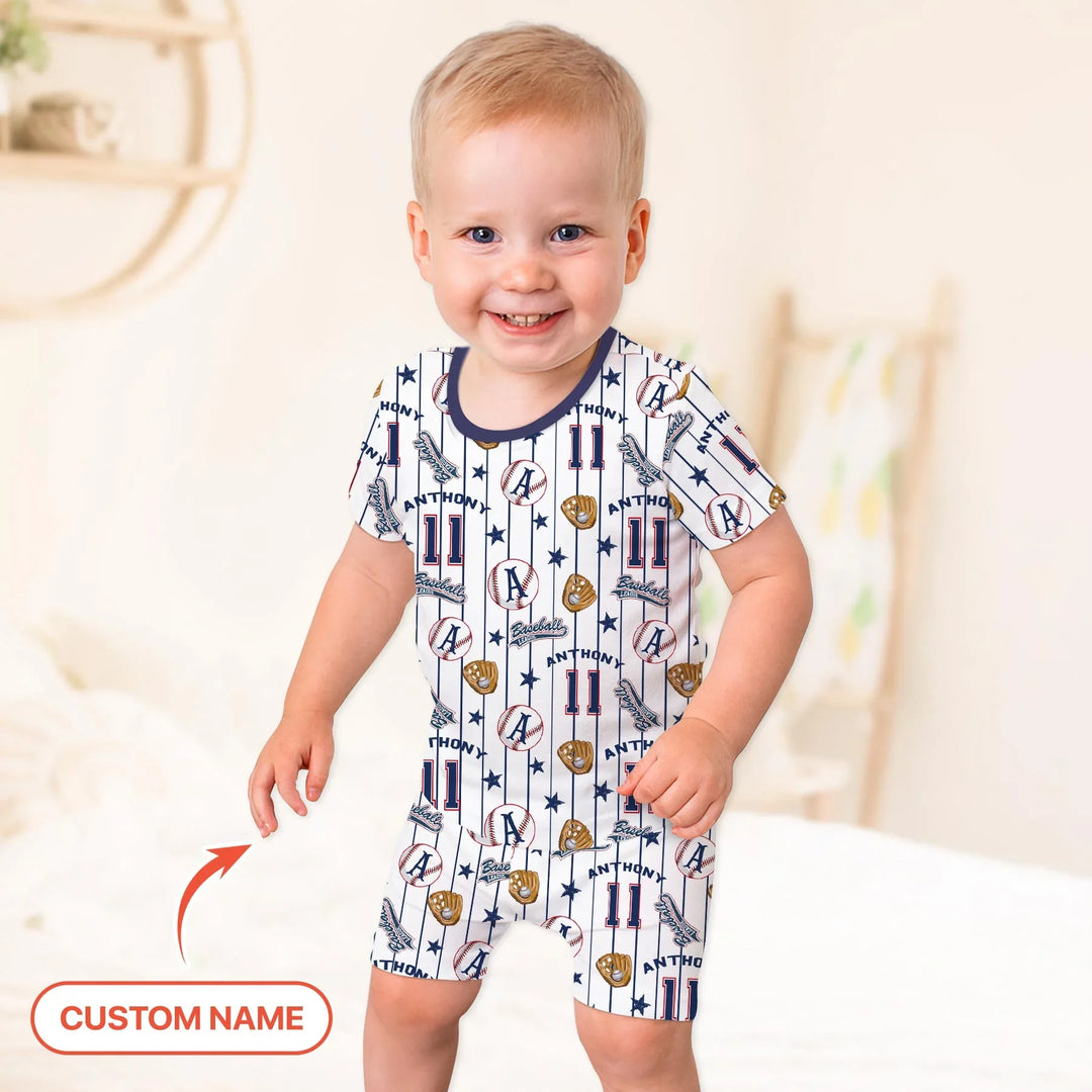 Custom Name Baseball Time Bamboo Two Piece Short Sleeve Shorts Pajama Set