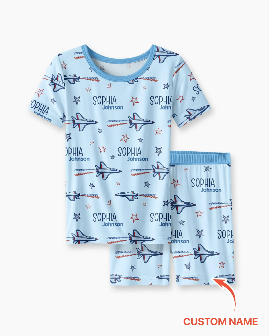 Patriotic American Flag Jet Fighter Bamboo Two Piece Short Sleeve Shorts Pajama Set