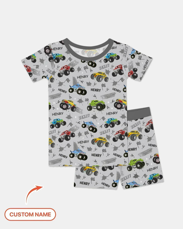 Monster Truck Dirt Jam Custom Name Daddy & Me Matching Bamboo Two Piece Short Sleeve Shorts Pajama Set