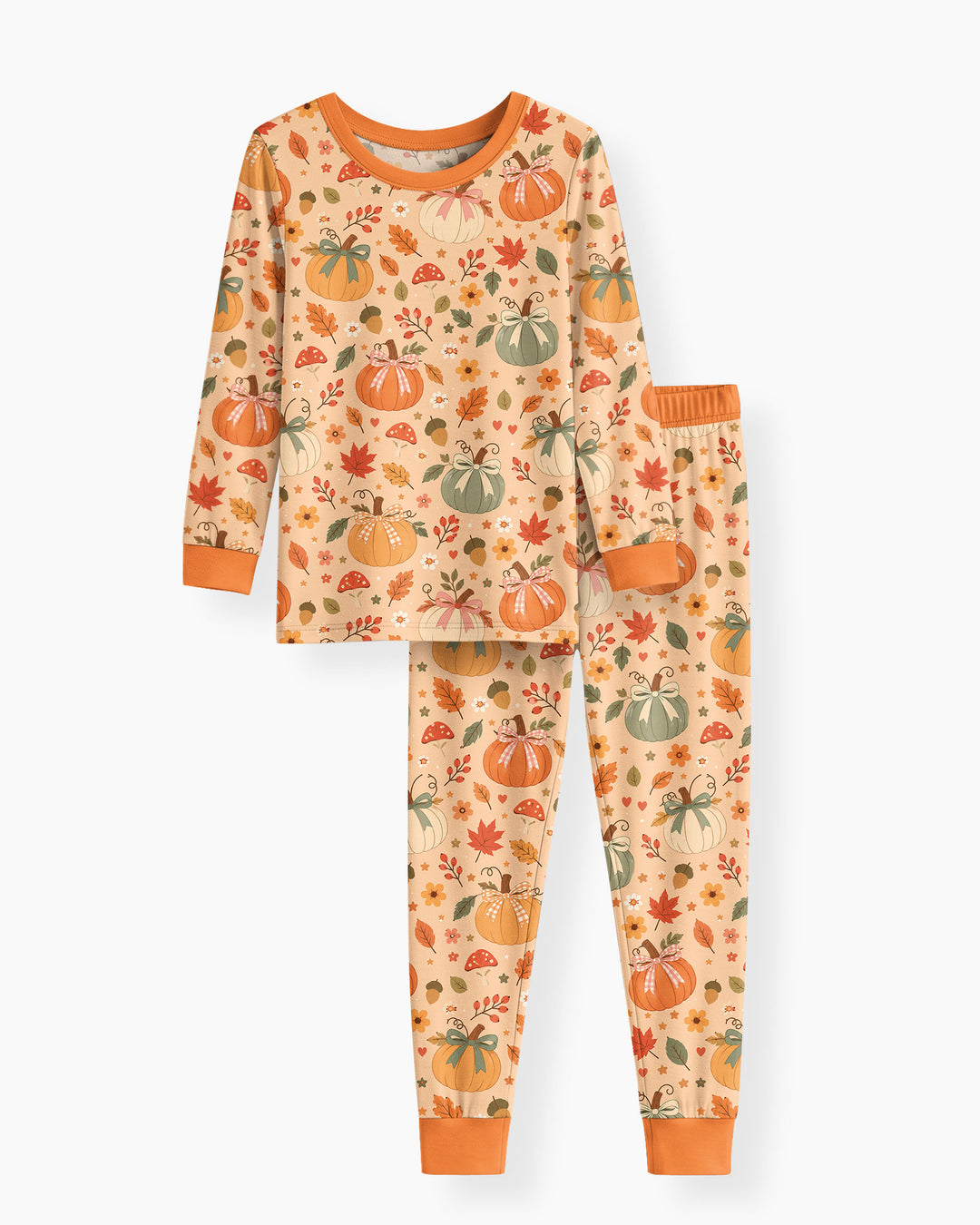 Pastel Pumpkin Bow Fall Bamboo Two Piece Long Sleeve Pajama Set