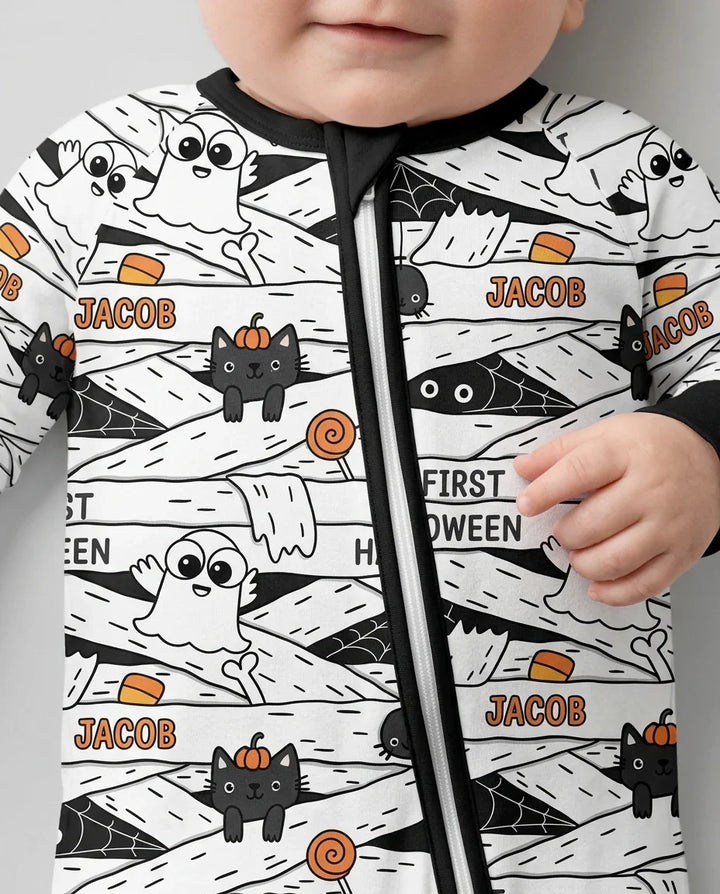 Custom Name Doodle Ghost My First Halloween Bamboo Convertible Zippy