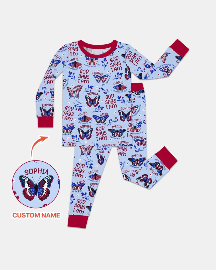God Says I Am - Liberty Wings Custom Name Bamboo Two Piece Long Sleeve Pajama Set