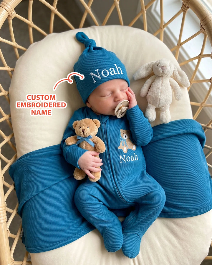 Personalized Teddy Bear Embroidered Ribbed Bamboo Welcome Home Bundle