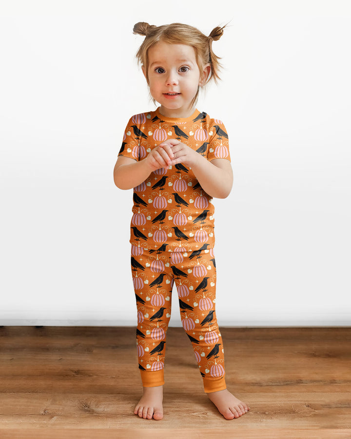 Ravens in a Pumpkin Patch - Orange Pink Bamboo Two Piece Short Sleeve Pajama Set