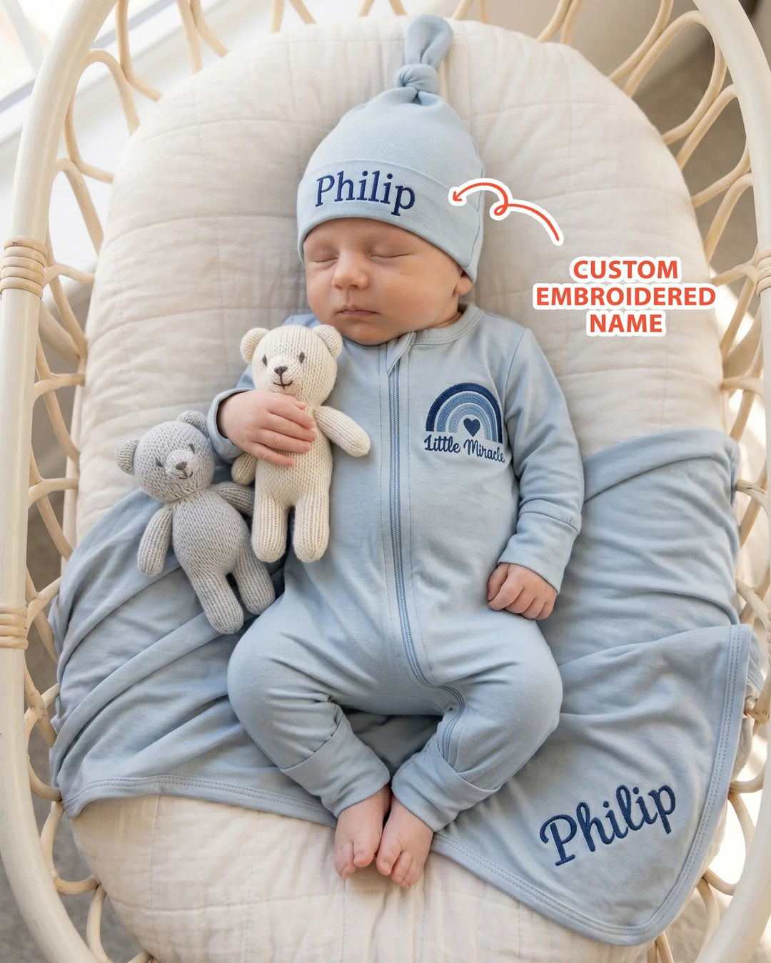 Personalized Little Miracle Blue Embroidered Bamboo Hat