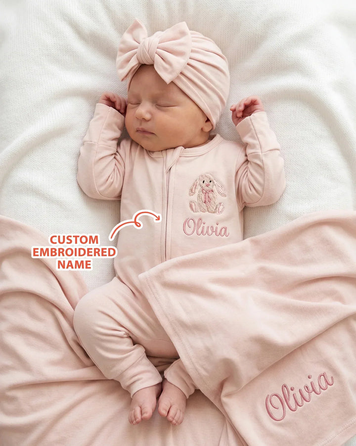 Personalized Bunny Embroidered Bamboo Blanket