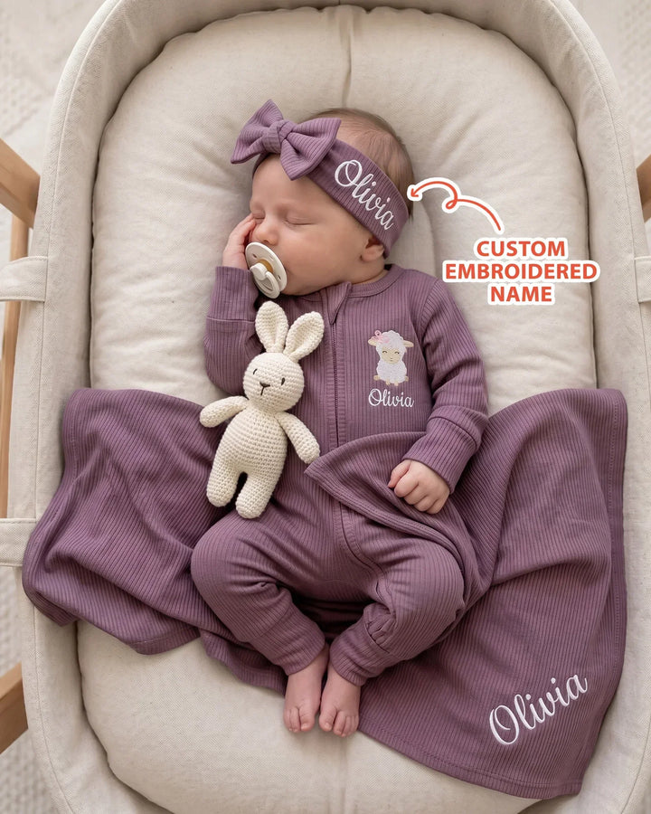 Personalized Baby Sheep Embroidered Ribbed Bamboo Welcome Home Bundle