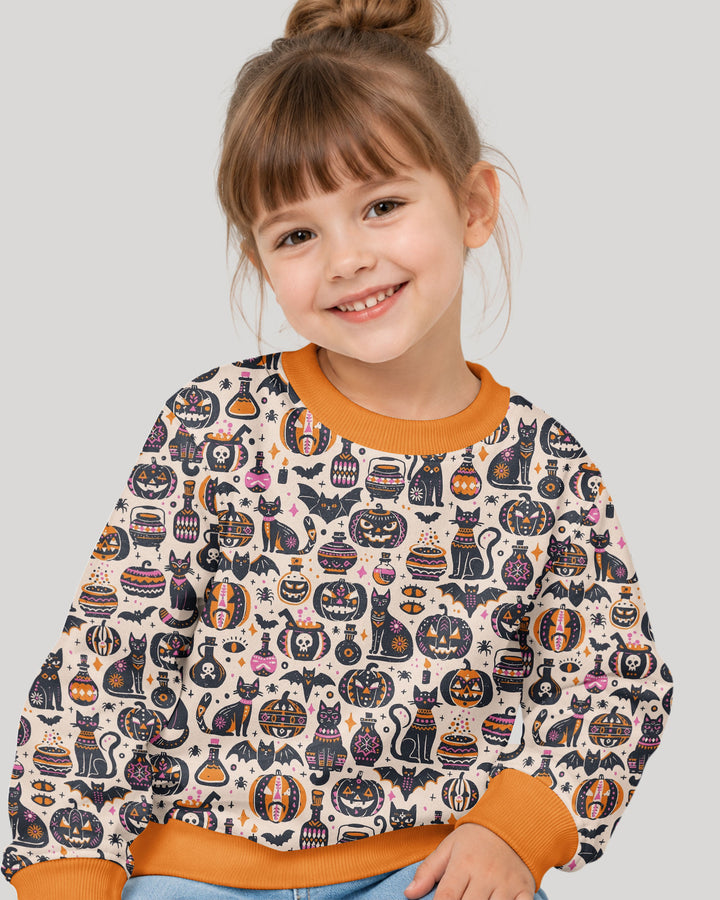Whimsical Tribal Retro Halloween Black Cats Pumpkins Bamboo Crewneck Sweatshirt