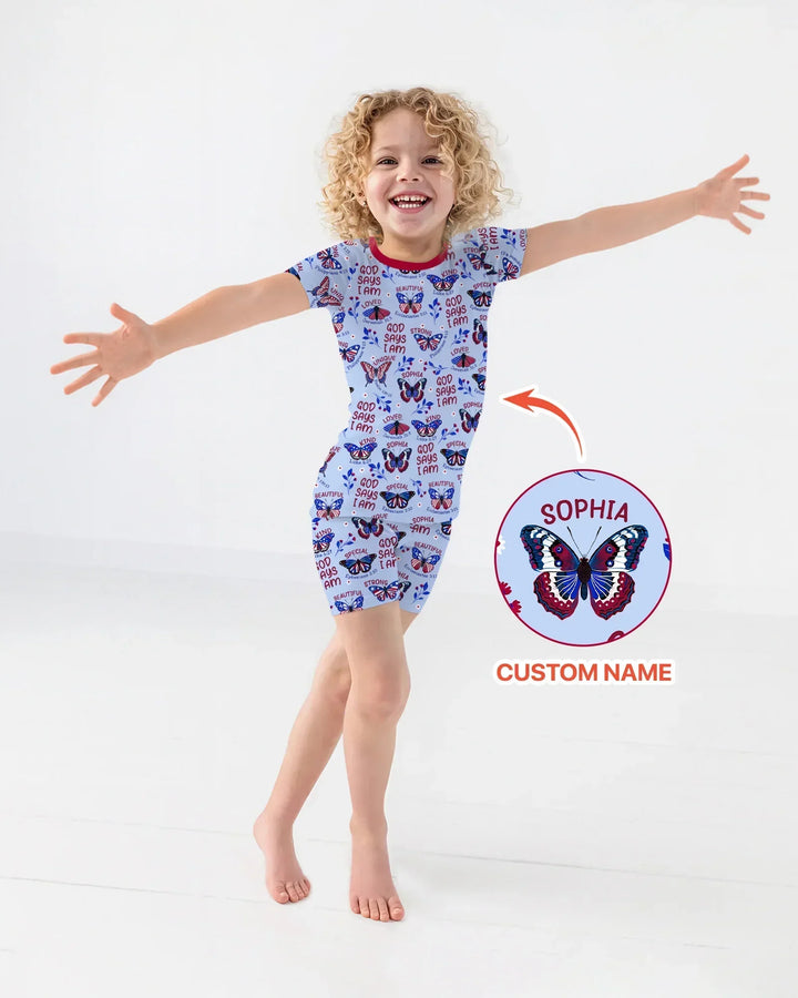 God Says I Am - Liberty Wings Custom Name Bamboo Two Piece Short Sleeve Shorts Pajama Set