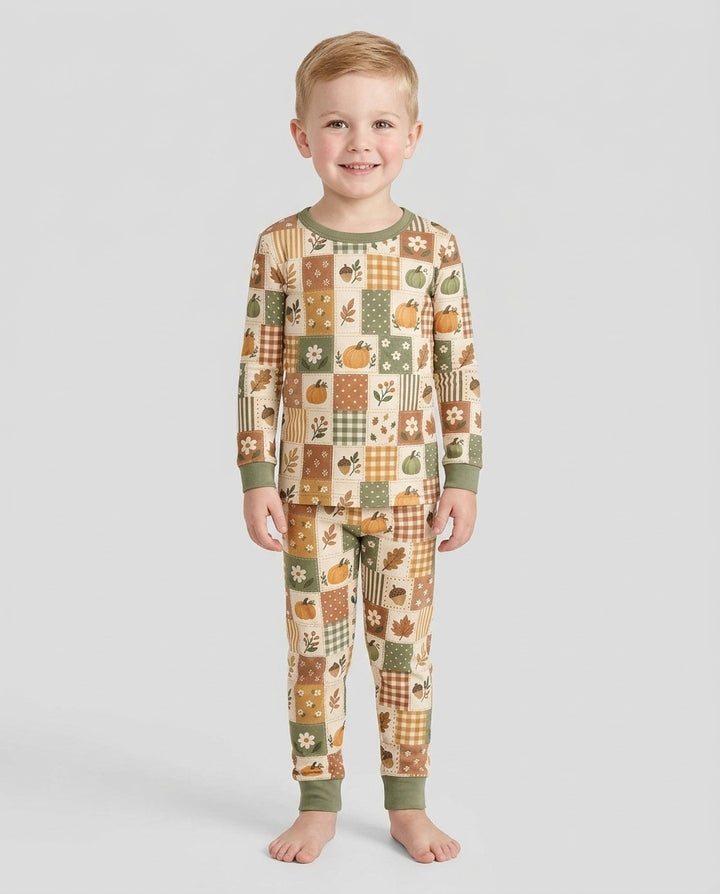 Vintage Fall Gingham Pumpkin Patchwork Bamboo Two Piece Long Sleeve Pajama Set