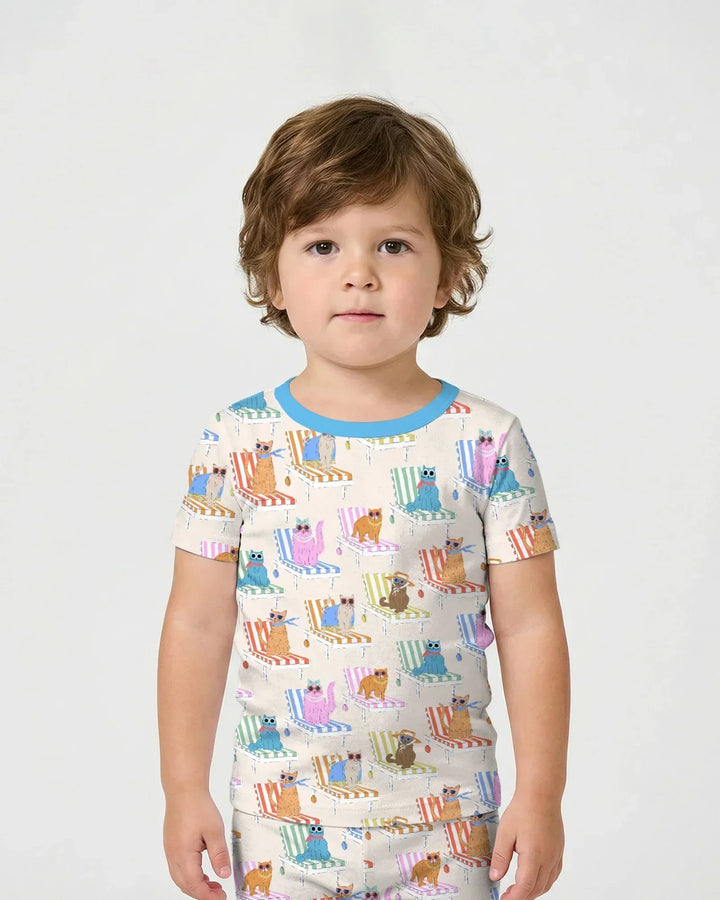 Meow Sunbathing Mommy & Me Matching Bamboo Two Piece Short Sleeve Shorts Pajama Set