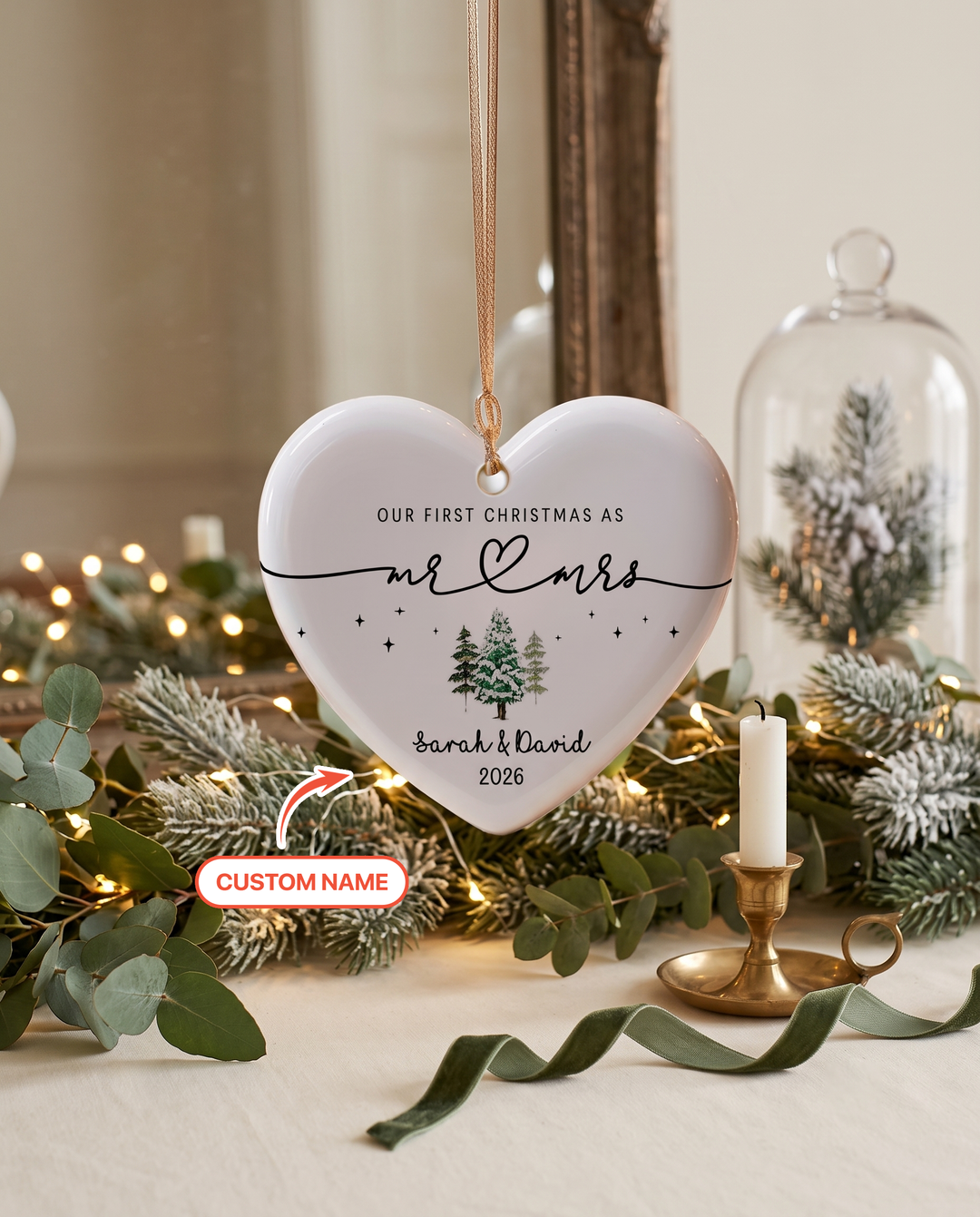 Custom Name First Christmas Mr & Mrs Heart-shaped Ceramic Ornament