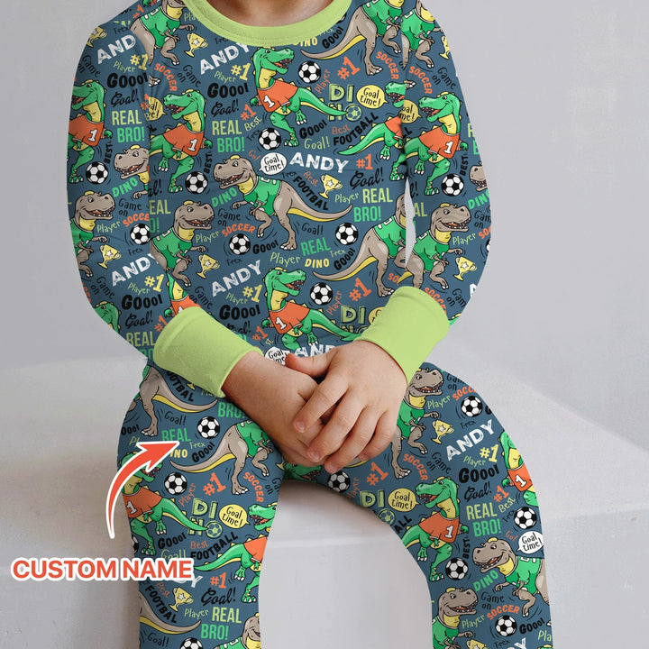Custom Name Dino Soccer Bamboo Two Piece Long Sleeve Pajama Set