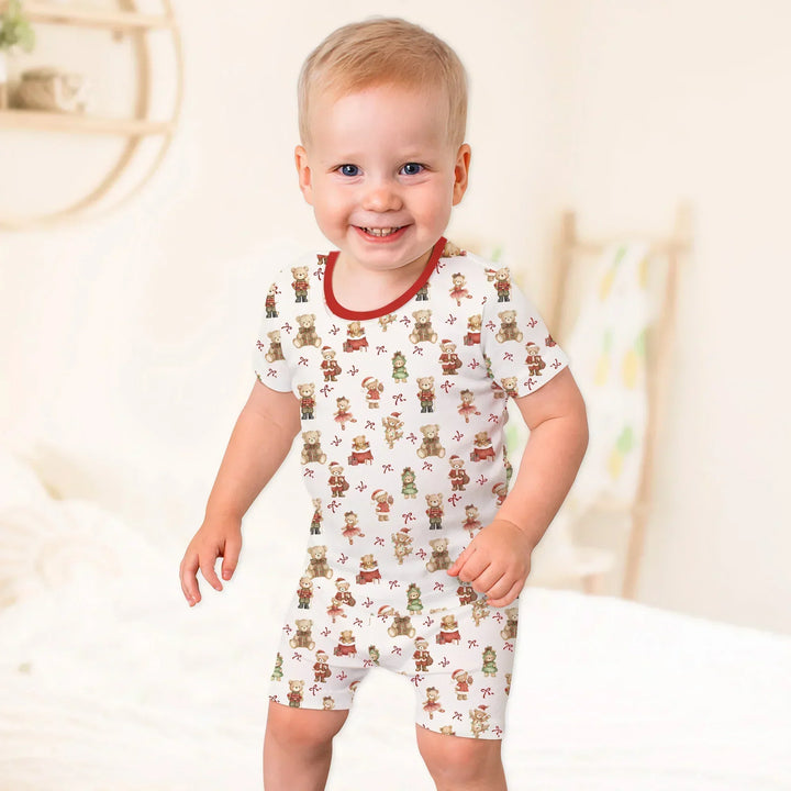 Christmas Teddy Bears Bamboo Two Piece Short Sleeve Shorts Pajama Set