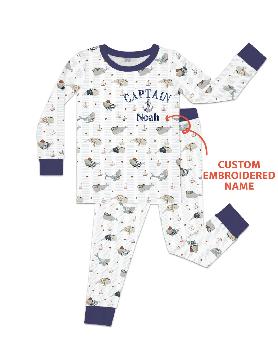 Custom Embroidered Name Little Captain of the Whale Crew Bamboo Two Piece Long Sleeve Pajama Set
