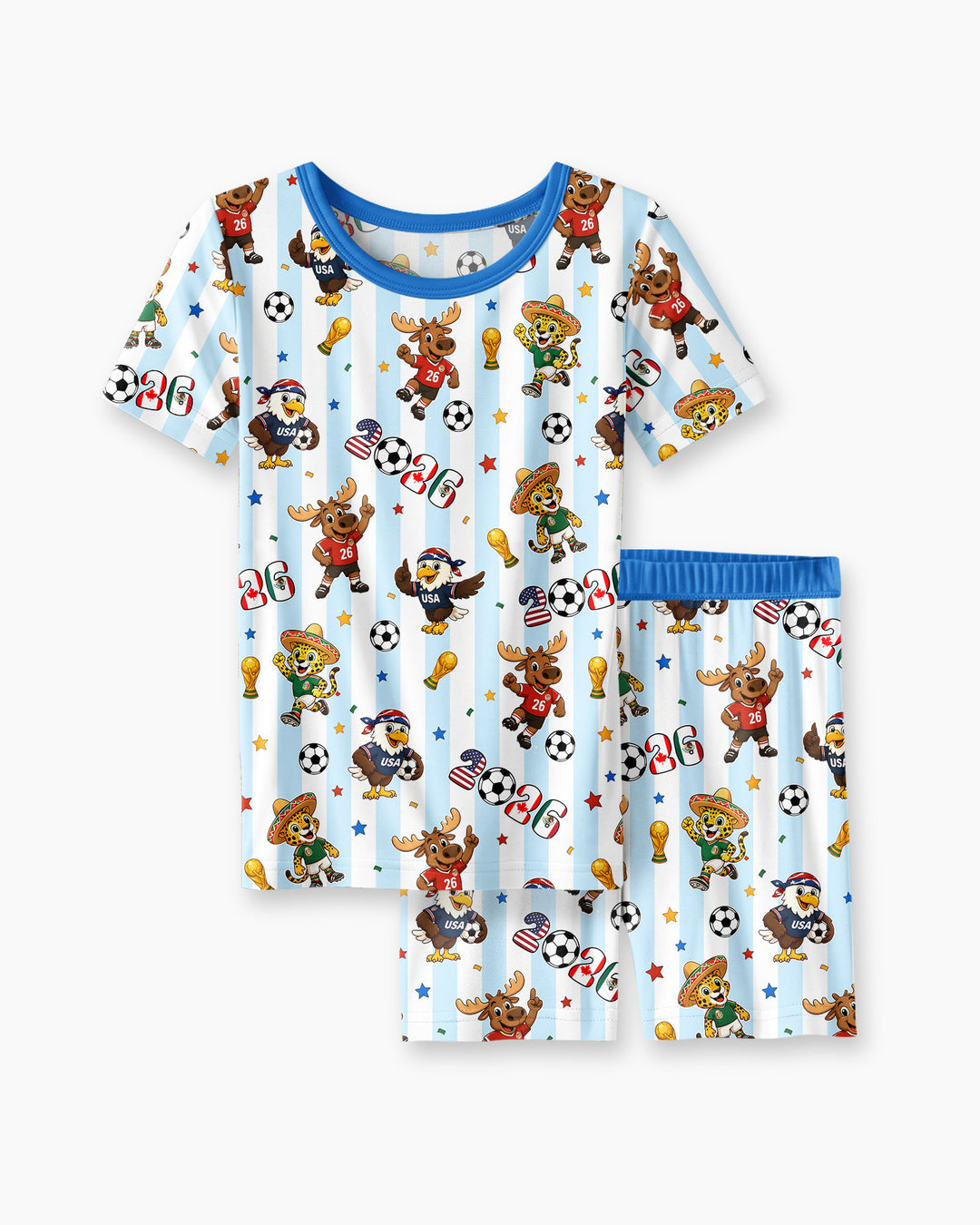 Striped Cute Mascots Soccer Cup 2026 Bamboo Two Piece Short Sleeve Shorts Pajama Set