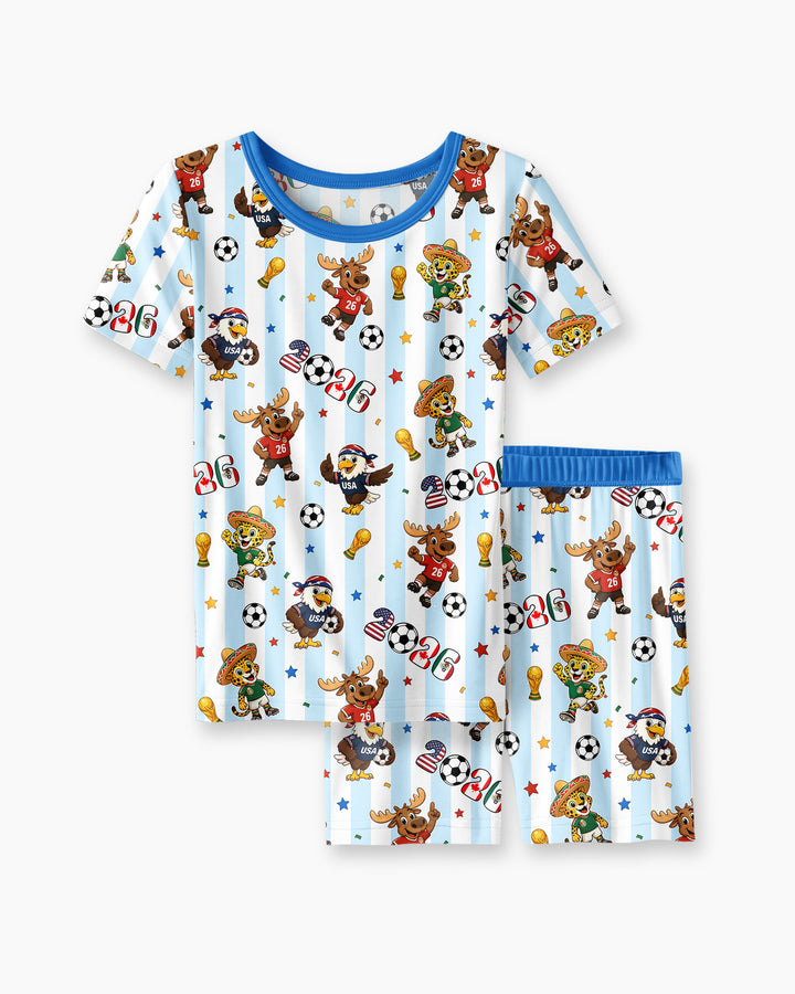 Striped Cute Mascots Soccer Cup 2026 Bamboo Two Piece Short Sleeve Shorts Pajama Set